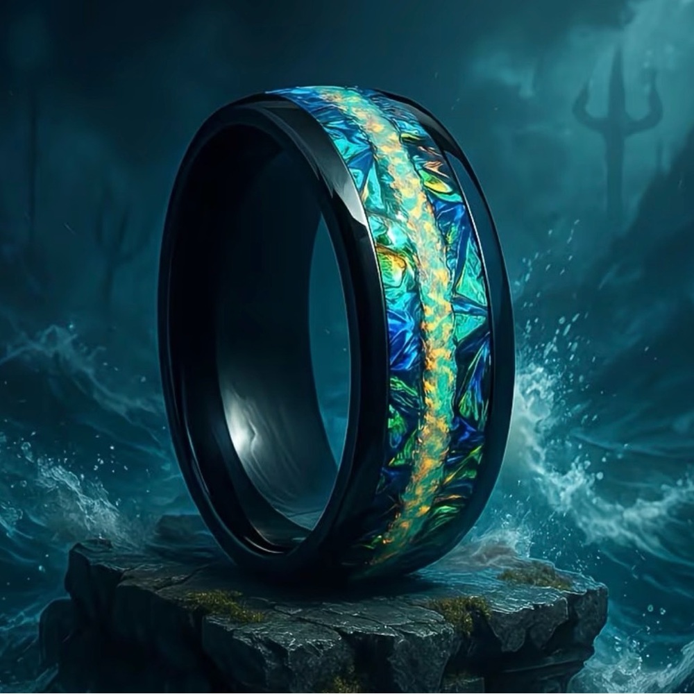 Men’s 8 mm Black and Blue Patterned 316L Stainless Steel Wedding Ring Band